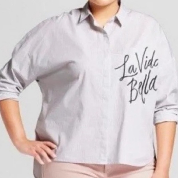 a new day Tops - A New Day La Vida Es Bella Pinstripe Long Sleeve Button Down Top Size XXL EUC